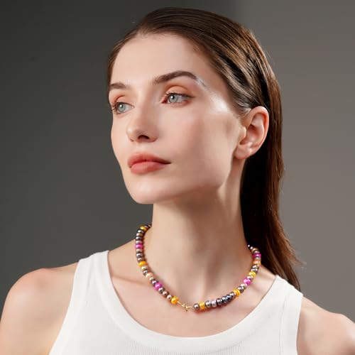 Colorful Beaded Necklace for Women Multicolored Freshwater Pearl Strand Necklace Adjustable Necklace Y2K Trendy Pearl Necklace Jewelry Gifts for Birthday4