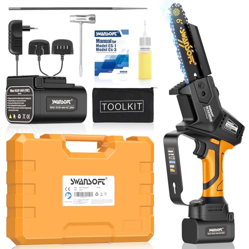 Swansoft se especializa en motosierras sin cuerda 6 ', mini motosierras de una mano con batería de litio 16,8 V 2x4 ah para cortar madera, frutas y aceitunas. amarillo