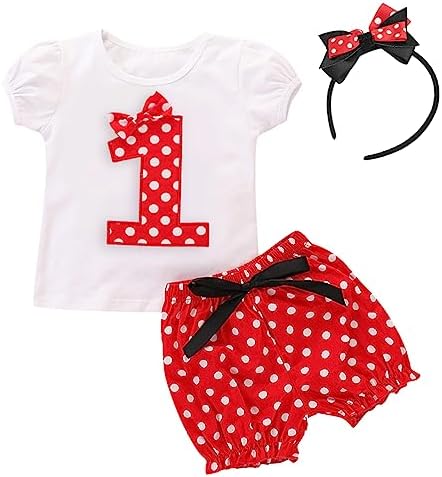 Baby Girls Christmas Polka Dot Birthday Cake Smash Clothes Outfits Short Sleeve T shirt Tops Bottom Pants Summer Holiday 3D Mouse Ear Headband 3 pcs sets Playwear 3pcs sets Red No.1 12-18 Months