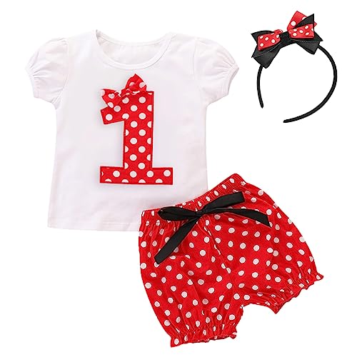 Baby Girls Christmas Polka Dot Birthday Cake Smash Clothes Outfits Short Sleeve T Shirt Tops Bottom Pants Summer Holiday 3D Mouse Ear Headband 3 Pcs Sets Playwear 3Pcs Sets Red No.1 12-18 Months #TOP15