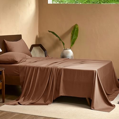Image of EVERLY Queen Sheets Set,Luxuriously 400 Thread Count Organic Viscose Derived from Bamboo Bed Sheet,Cooling Sheets for Queen Size 4 Piece Deep Pockets Bedding Sheets &Pillowcases-Brick Red