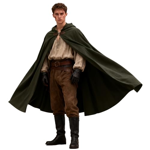 Yaolzeku Mens Velvet Green Cloak with Hood Renaissance Medieval Hooded Cloak Mantle for Women Warm Halloween Hooded Cape with Metal Loop Clasp and Belts on Collar