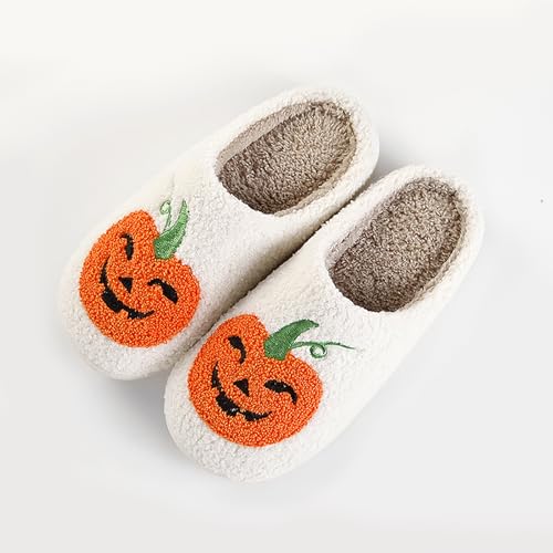 Image of Halloween Pumpkin Slippers for Womens Mens Plush Warm Spooky Lantern Pumpkin Slippers House Shoes