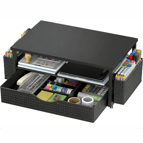 Spacrea Desk Organizer and Accessories, Computer Monitor Stand Riser with Drawer and 2 Pen Holders, Office Desk Accessories & Workspace Organizers for Office Supplies (Black)