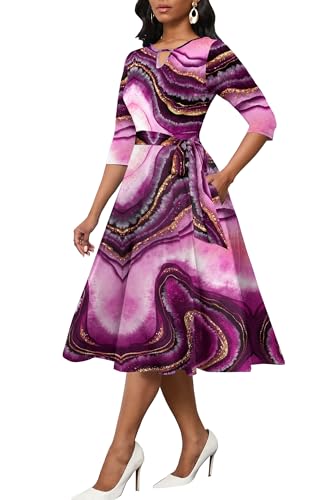 Image of CLOCOR Midi Dresses for Women Casual A-Line Fit and Flare Dress Crewneck 3 /4 Sleeve Keyhole Cocktail Party Church Dress