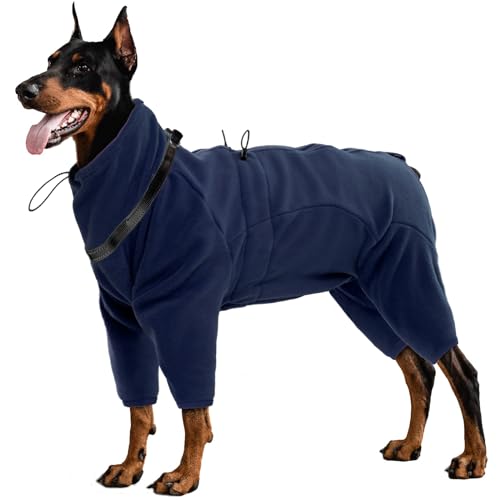 OUOBOB Dog Coat, Large Dog Winter Coat, Windproof Polar Fleece Dog Jacket, Pet Cold Weather Vest Clothes, Pullover Fleece Pajamas Jumpsuit Onesie, Dog Sweater 4 Legs with Harness Built in XL