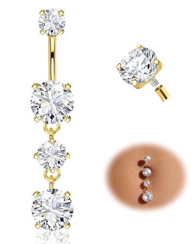 Tungary G23 Titanium Belly Button Ring for Women - 14G 3-8 Internally Threaded Navel Rings with 5A CZ Dangle Belly Button Ring Hypoallergenic Navel Piercing Jewelry, Gold Dangling