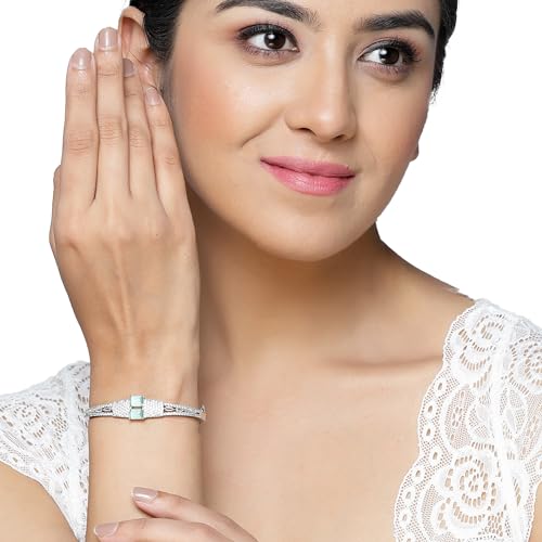 Image of ZENEME Rhodium-Plated Square Shaped American Diamond Studded Kada Bracelet For Girls and Women