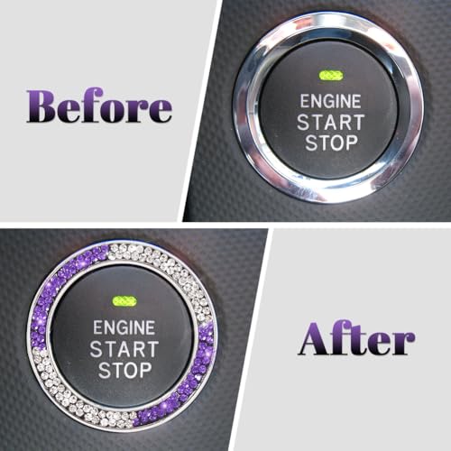 Image of ToBeQueen White Purple Bling Start Button Cover Emblem Sticker, Crystal Diamond Rhinestone Push Start Ring Car Decor, White and Purple Car Accessories