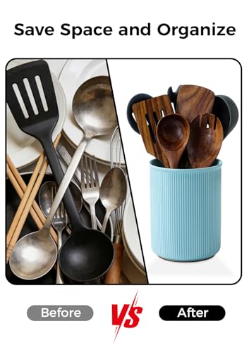 Image of LoeJan Utensil Holder, Extra Large Utensil Crock, Stable Ceramic Utensil Organizer, Cooking Tool Organizer Set for Kitchen Counter Farmhouse Decor, Turquoise