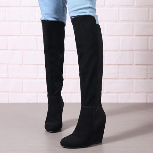 SACFOF Womens Over the Knee High Boots Suede Wedge Heel Long Stretch Boots Sexy Fashion Thigh High Tall Boots US6-114
