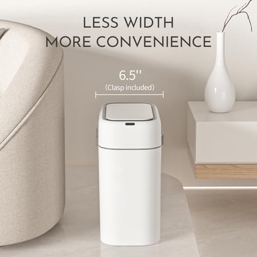 Image of ELPHECO 2.5 Gallon Garbage Can with Buckle-up Latches, Motion Sensor Trash Can with Buckling Latches for Bathroom, Living Room, Office, Bedroom, 2 AA Batteries (Excluded)，White,