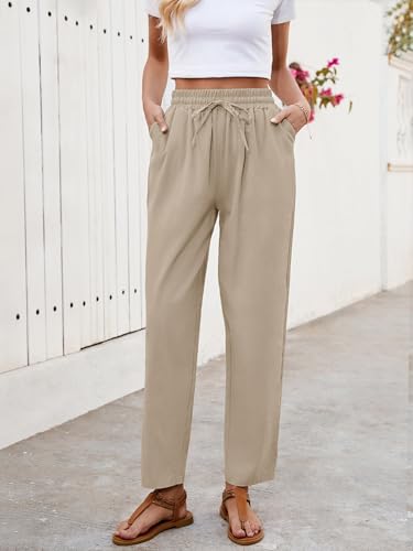 Puimentiua Women Linen Pants Lightweight Pants with Lace Side Summer Casual Beach Drawstring Elastic Waist Trousers2
