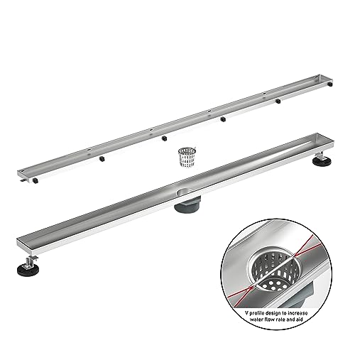 Image of Linear Shower Drain 40 inch Brushed 304 Stainless Steel | Fast Drainage | Tile Inserted | Stainless Floor Drain Grate | Hair Strainer | Drain Key | The Upgrade for Your Bathroom