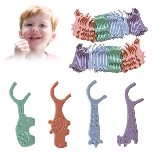 KEMUZ 80 Piezas Hilo Dental Para Niños,Interdentales Con Mango Adecuado Para Niños,Seda Dental Stick Kinde Dental Floss Para Espacios Interdentales Estrechos (Ardilla, Elefante, Hipopótamo, Estrella)