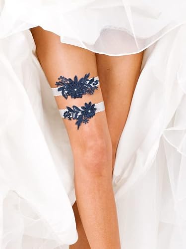 2 Pieces Wedding Garters Daisy Lace Bridal Garter Hand Sewn Faux Pearls Garter For Bride (Navy Blue) #TOP1