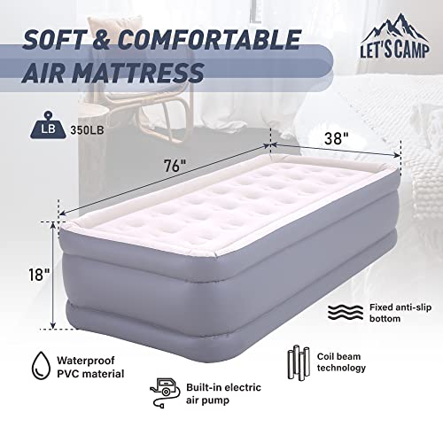 Let's Camp Air Mattress Camping Airbed With Electric Pump 18" Twin Inflatable 150 Seconds Quick Self-Inflation Waterproof Pvc Fabric Portable For Camping,Travel, Home Sleeping, Outdoor, Guests, Rv #TOP2