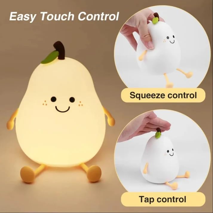 Image of XERGY Cute Pear Silicone Night Light for Kids - USB Rechargeable LED Lamp with 7 Color Changing, Tap Control, Timer Soft Bedside Night Lamp for Bedroom, Nursery, Gifts & Home Decor