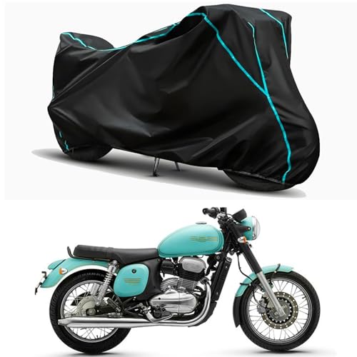 Image of Waterproof Bike Body Cover Compatible for | Jawa Forty Two | Taffeta Fabric, Sky Piping Design, Bottom Elastic Fit | Dustproof, Sun UV & Rain Protection for All Weather.