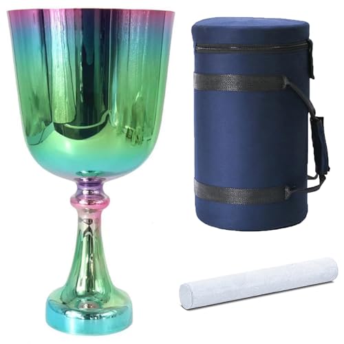 ヨガ瞑想とサウンドバスのためのハンドホールドサウンドボウルグレイル、ハンドル付きクリスタルシンギングボウル、キャリーケースとスエードマレット付き、グリーンカラー(432Hz,7inch A note)