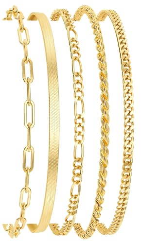 DEARMAY 14K Gold Plated Bracelets for Women Jewelry Sets for Trendy Dainty Stackable Paperclip Rope Snake Box Figaro Chain Bracelets Pack Costume Fashion Gifts