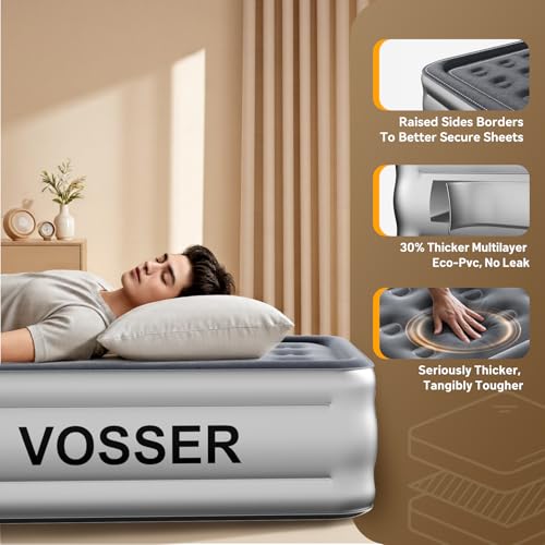 Image of VOSSER Twin Air Mattress with Built in Pump,18 inch Raised Blow Up Mattress,Inflatable Mattress in 2 Mins,Single Twin Size Air Mattress for Camping,Floor&Travel, Air Bed for Adults,330LB Max