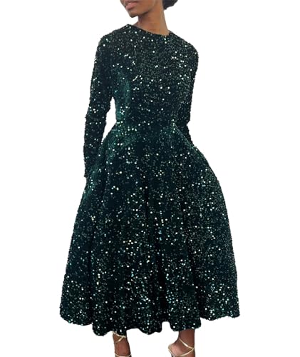 Image of SOMTHRON Women's Sequin Dress Plus Size Long Sleeve A-Line Flared Party Cocktail Sparkle Glitter Evening Shiny Maxi Dress