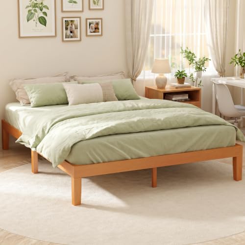 DUMOS Solid Wood Platform Queen Bed Frame, 12inch Wooden Mattress Foundation with Sturdy Wood Slat Support, No Box Spring Needed, Under Bed Storage, Natural Pine