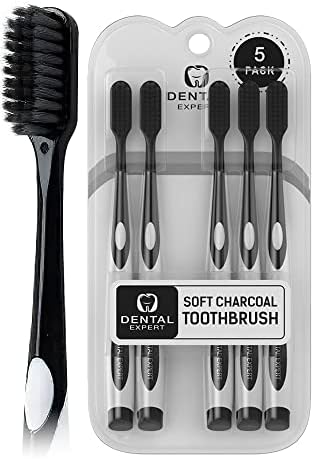 Dental Expert Charcoal Toothbrush [Gentle Soft] Slim Teeth Head Whitening Brush for Adults & Children [Family Pack] - Ultra Soft Medium Tip Bristles (Black)