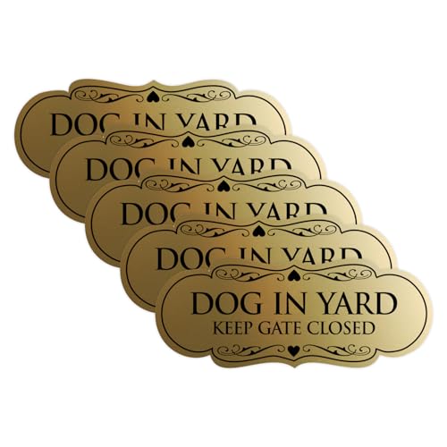 Signs ByLITA Designer Dog in Yard Keep Gate Closed Wall or Door Sign - Easy to Install | Durable Dog Safety Signs (Brushed Gold) - Medium 5 Pack