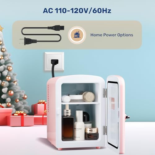 Image of HealSmart Mini Fridge Portable 4 Liter /6 Can with Observation Window, Cooler&Warmer Small Desk Compact Refrigerator for Skin Care, Cosmetics, Beverage, Food in Bedroom, Car, Office, Dorm, Pink