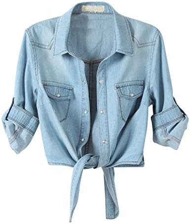 AMEBELLE Women's Roll Up 3/4 Sleeve Tie Front Knot Shirt Chambray Denim Crop Top (Light Blue, M)