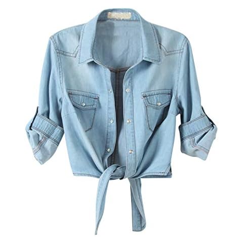 PUWEI Women's Denim Shirts Casual Button Up 3/4 Sleeve Tie Front Jean Crop Tops (1699-LightBlue-XS) Cover