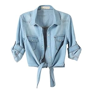 Women’s 3/4 Sleeve Denim Crop Top Tie Knot Shirt www.denim.fit