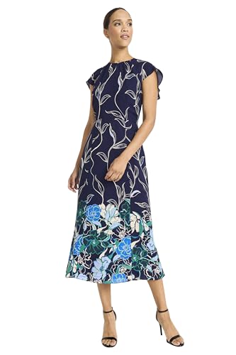 Image of Maggy London Women's Women's Floral Print Flutter Sleeve High Neck A-line - Elegant Midi Cocktail Dress