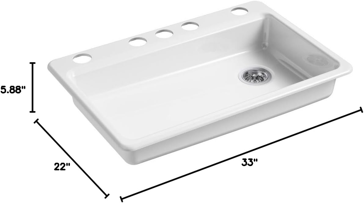 KOHLER K-8689-5U-0 Riverby Undermount Single-Bowl Kitchen Sink with 5 Oversized Faucet Holes, 33" x 22" x 5-7/8", White