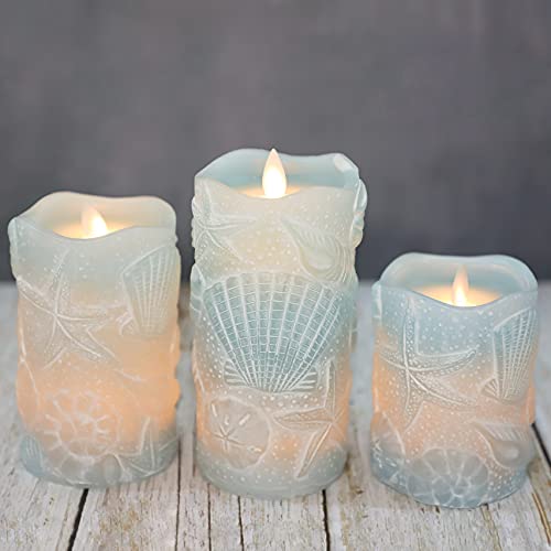 Silverstro Ocean Flameless Candles Remote Carved Seashell Real Wax Flicker Battery Operated Candles for Home Party Wedding Nautical Thanksgiving Christmas Easter Decor - Set of 3(Blue) - Image 4