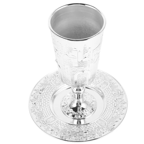 PHENOFICE Judaica Shabbos Kiddush Cup Set with Saucer Vintage Zinc Alloy Jewish Wine Goblet for Shabbat and Holidays Jerusalem Craftsmanship Kiddush Supply