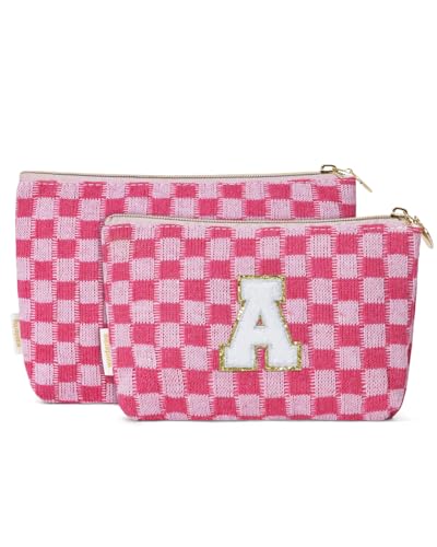 Wandering Nature Personalized Initial Makeup Bag Set – 2-Pack Small Cosmetic Pouch for Travel, Toiletry & Purse Organization, Trendy Glitter Chenille Design for Women, Moms & Daughters