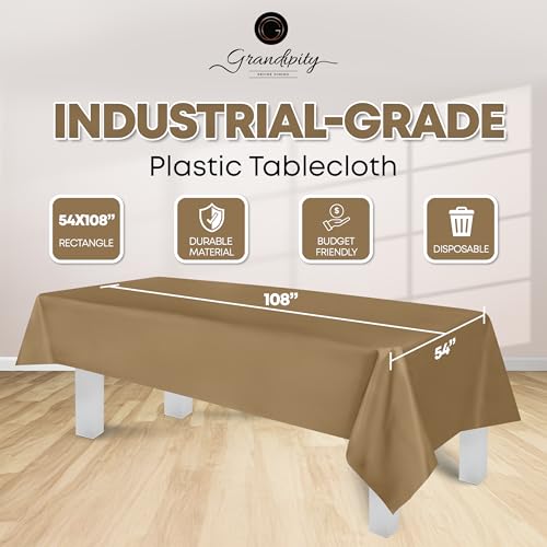 Image of Plastic Table Cloth Disposable 12 Pack 54 inch x 108 inch Rectangle | Gold Plastic table covers, durable disposable tablecloths, fade and tear-resistent table cover for party, event
