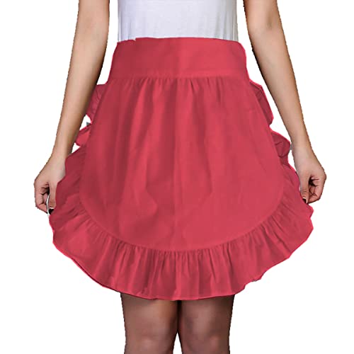 Hyzrz Waist Ruffle Adjustable Apron Kitchen Cooking Restaurant Cotton Bistro Retro Half Aprons with Pockets For Girl Woman (Red)