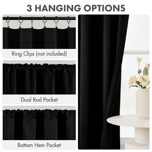 Image of MIULEE 4 Panel Set Short Bedroom Blackout Curtains 54 Inch Long Black | Thermal Curtains for Summer Heat, Light Blocking Privacy Window Drapes, Top&Bottom Rod Pocket