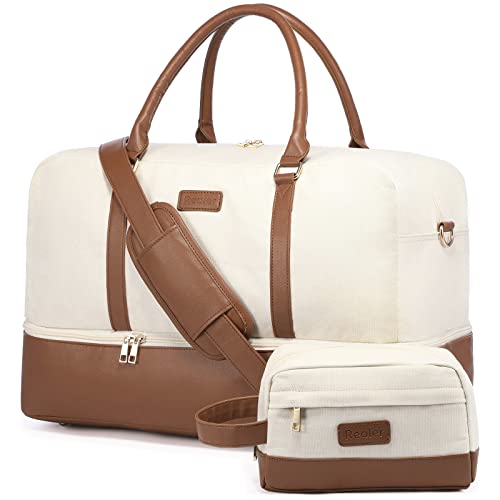 Image of Realer Weekender Bag for Women, Canvas Travel Duffle Bag with Toiletry Bag, Large Carry on Overnight Bag with Shoe Compartment,Waterproof Weekend Duffel Bag Mommy Hospital Bags for Labor and Delivery