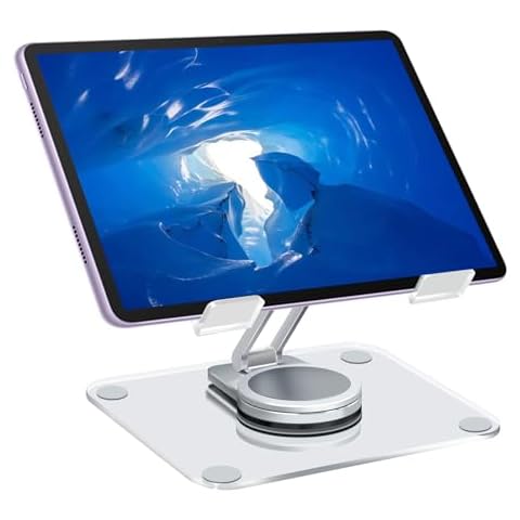 DSMY Acrylic Tablet Stand with 360° Rotating Base, Foldable Clear Tablet Holder for Desk, Compatible with iPad Pro/Air/Mini and More (Transparent1) Cover
