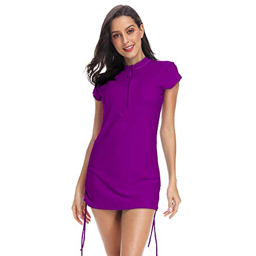 Abalagu Women's Uv Sun Protection Half Zipper Short Sleeve Rash Guard Swim Shirt Rashguard Swimsuit Top (Purple, S) #TOP1