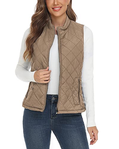 YESLIFE 2024 Khaki Women's Outwear Quilted Vest With One Inside Pocket, Stand Collar Lightweight Padded Gilet for Women L