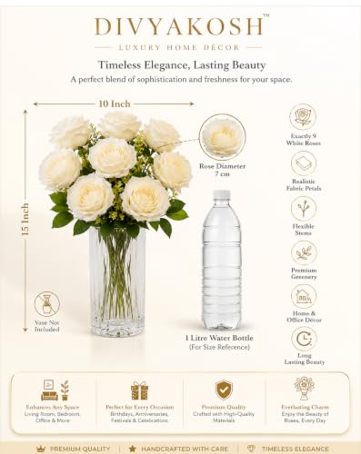 Image of Divyakosh Artificial Flowers Bunch (Vase Not Included). Artificial Flower for Vase, Flower Bouquet Gift, 9 White Rose Bouquet, Luxury Artificial Flower Arrangement for Living Room, Office