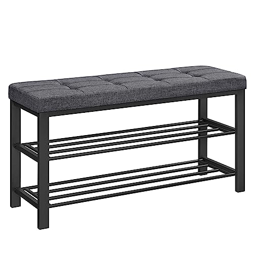 SONGMICS Shoe Bench, Storage Bench, Entryway Bench with Cushion, Shoe Shelf with Seat, Space-Saving, Modern Style, for Living Room, Bedroom, Hallway, Dark Gray and Ink Black ULBS579B33 Dark