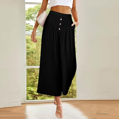 Women Summer High Waisted Cotton Linen Palazzo Pants Casual Wide Leg Long Flowy Dressy Beach Lounge Trousers3