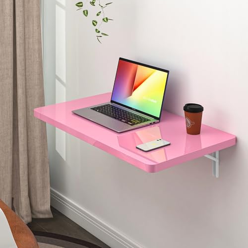 Clikuutory Pink Wall Mounted High Gloss Folding Table, Wall Desk Fold Down for Small Spaces, Folding Workbench for Laundry Room, Home Office, Kitchen, Bedroom, Home Bar (23.6